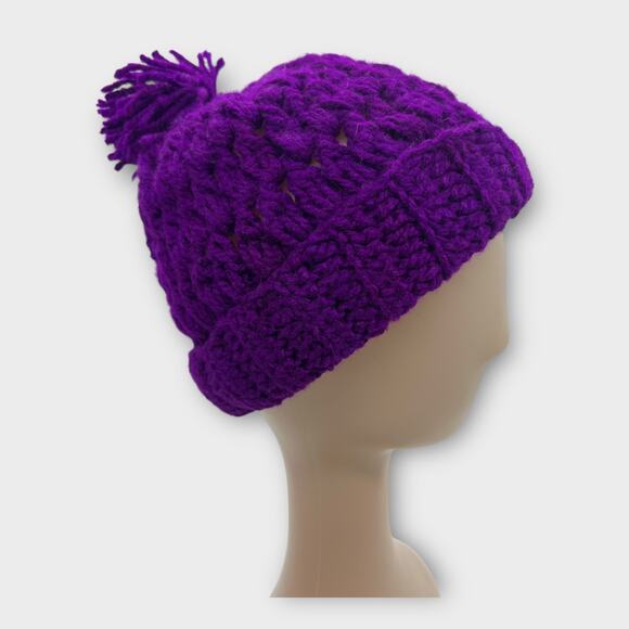 Knit Woven Chunky Bright Purple Beanie Knit Pom Pom Winter Hat Boho Outdoors XS - Picture 1 of 8